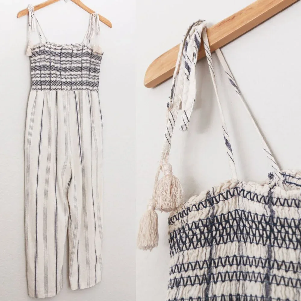 Madewell Striped Smocked Cami Jumpsuit S Cotton Linen Blend Tassel Strap Tie$138